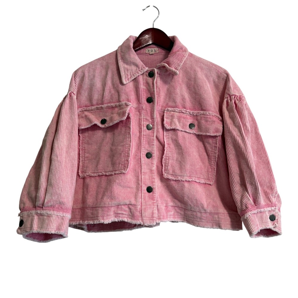 POL Pink Corduroy Cropped Shacket Raw Hem Button Front Jacket Womens Large